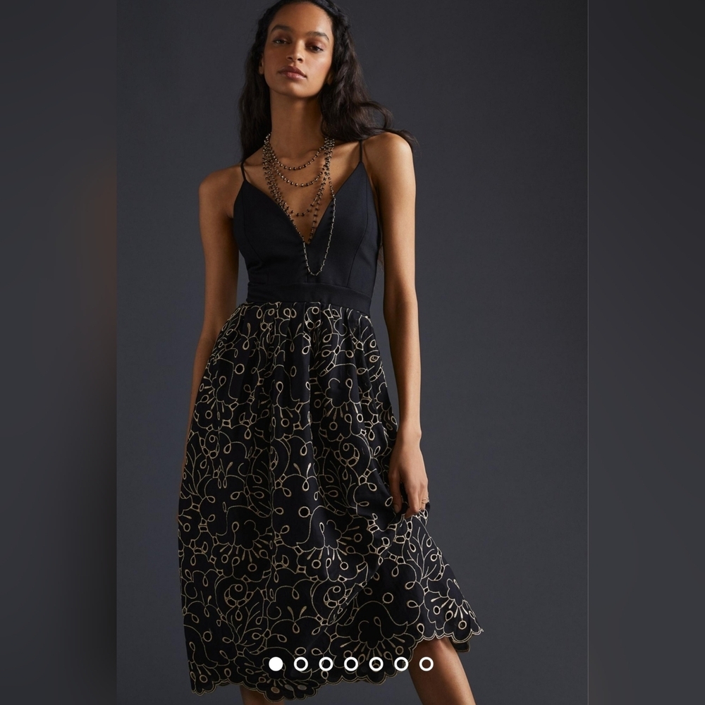 Anthropologie mavae NWT Eyelet Midi Dress Black & Gold Size S